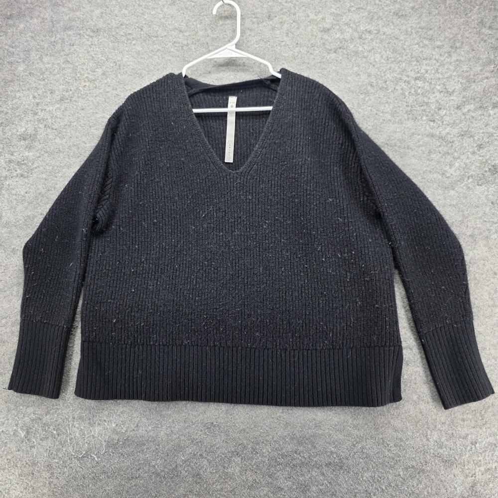 Lululemon Sweater Womens XL Black V-Neck Pullover Merino Wool Tight-Knit Logo